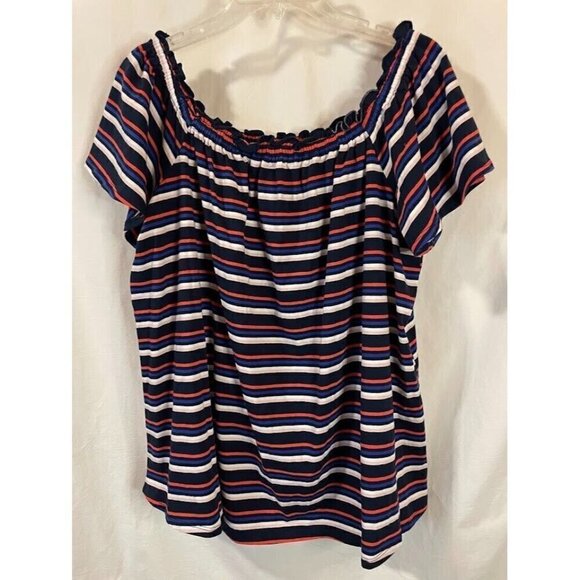 Lane Bryant Top Womens 10/12 Blue Red Striped Off the Shoulder Shirt July 4th - Picture 1 of 7